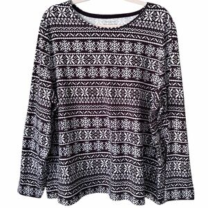 Talbots | Fair Isle Long Sleeve Tee Shirt Top Snowflakes Winter Black White 3X